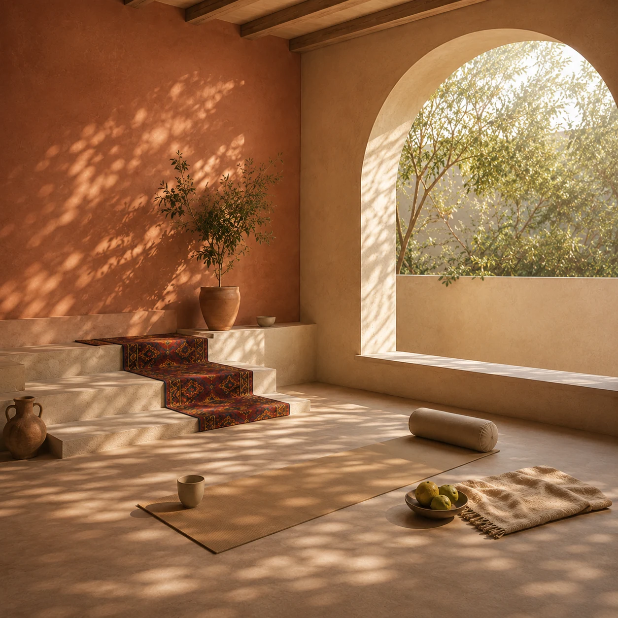 Sunlit studio corner with an arched window